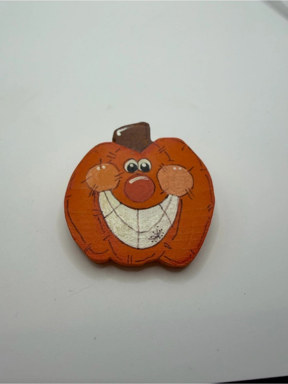 Wooden Pumpkin Character Brooch Orange & Brown